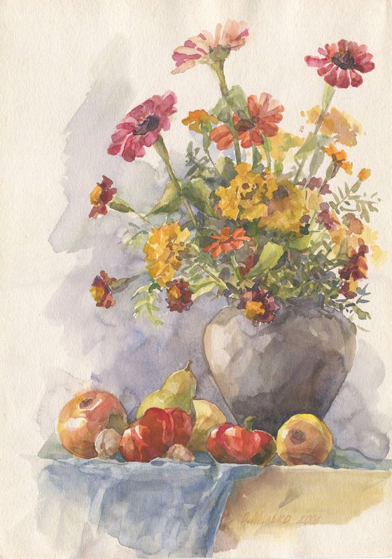 Still life with red pepper and zinnia / Flowers and harvest Fall watercolor