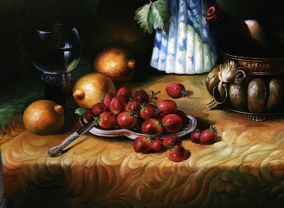 Impressionistic Botanical Oil Painting By Gouyette Jean-Michel, 24 X 35, Still Live Floral Fruits, Original Artwork