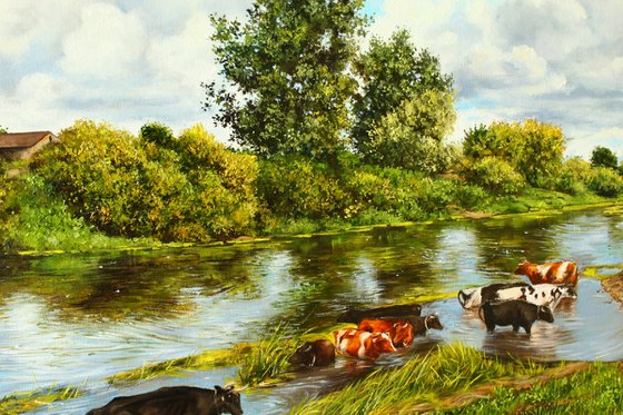 Cattle watering in a river, Pastoral Scene