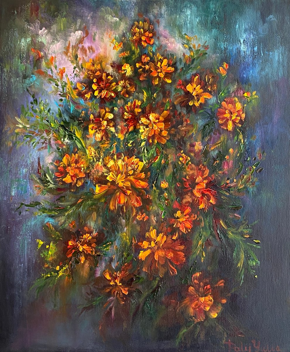 Organic Botanical Oil Painting By Yuliia Poraiko, 20 X 24", Marigolds, Original Artwork