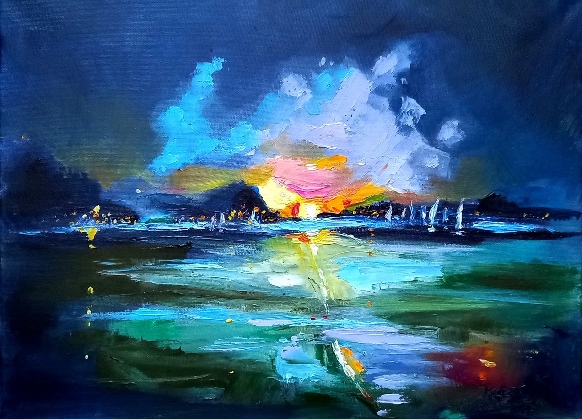 Expressive Landscape Oil Painting By Kovacs Anna Brigitta, 16 X 12", Port At Sunrise Ii, Original Artwork