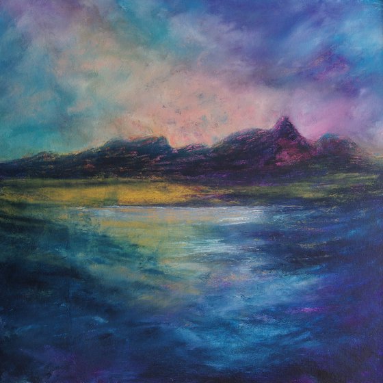 Dubh Lochan Coigach, Scotland, impressionistic mountain peaks with a colourful sky.