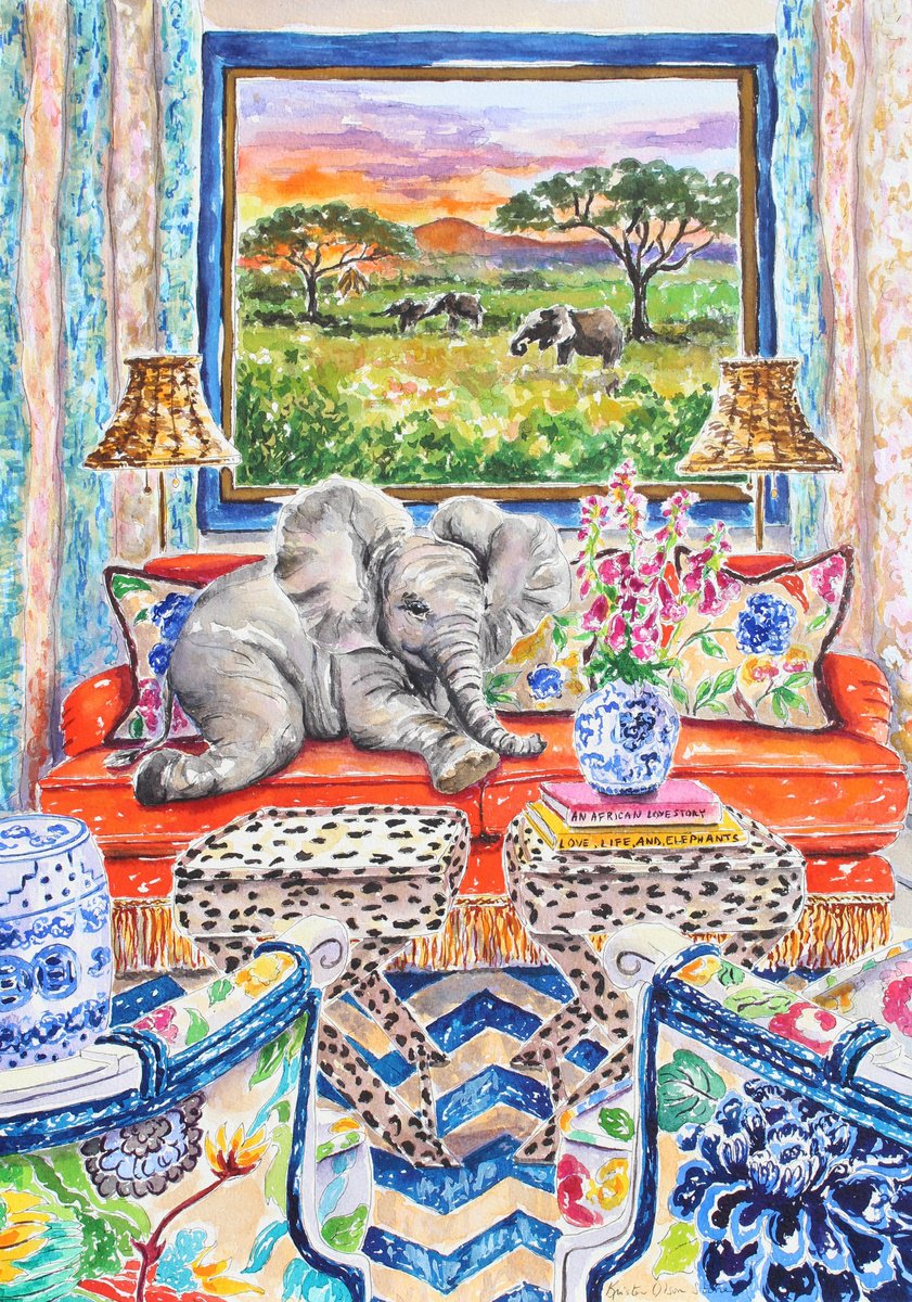 Impressionistic Animal Watercolour By Kristen Olson Stone, 14 X 20", Couch Safari, Original Artwork