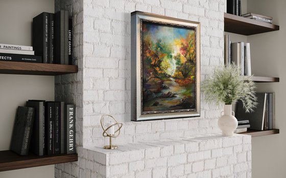 Heaven in Earth, an unique colorful original oil landscape on a 16x20 wrapped canvas in an exquisite frame
