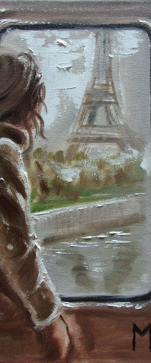" TRAVEL TO PARIS ... " original painting TRIP SPRING palette knife GIFT GREEN by Monika Luniak