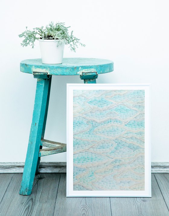 Watercolor abstract illustration in delicate blue shades inspired by Pamukkale
