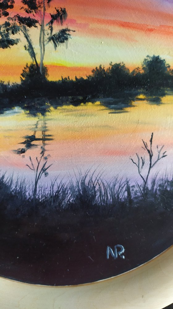 Evening, original landscape river oil painting, Gift idea, art on wooden plate