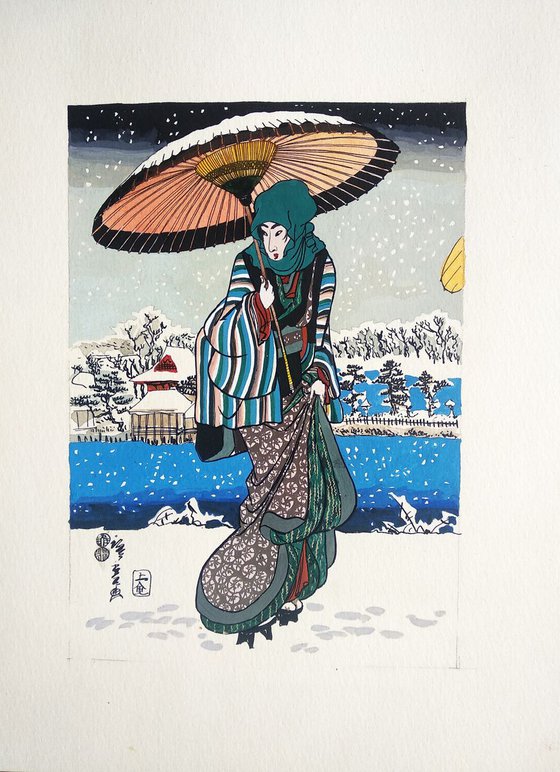 Young woman with umbrella and snow