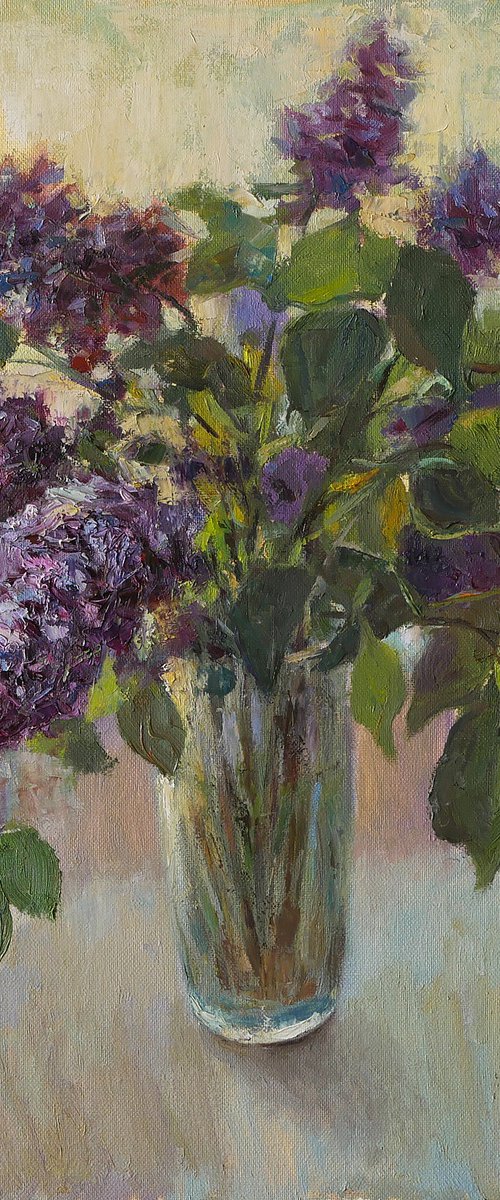 The Bouquet Of Lilacs Near the Light Window - floral still life, oil painting by Nikolay Dmitriev