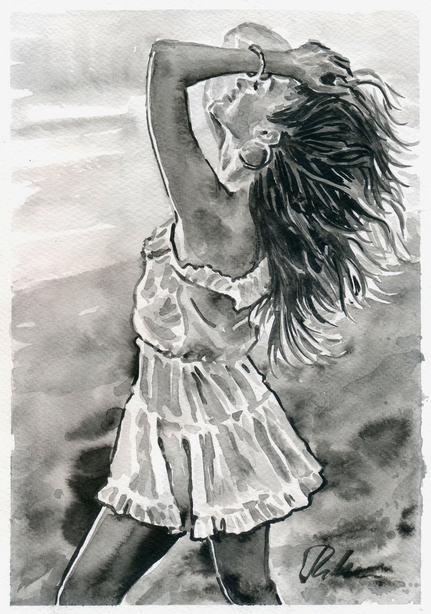 Urban And Pop Portrait Ink Drawing By Tashe, 8 X 12", "Just Happy", Original Artwork