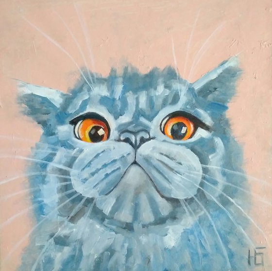 Grey Cat Oil Painting Original Art Cute Pet Artwork Cat Portrait