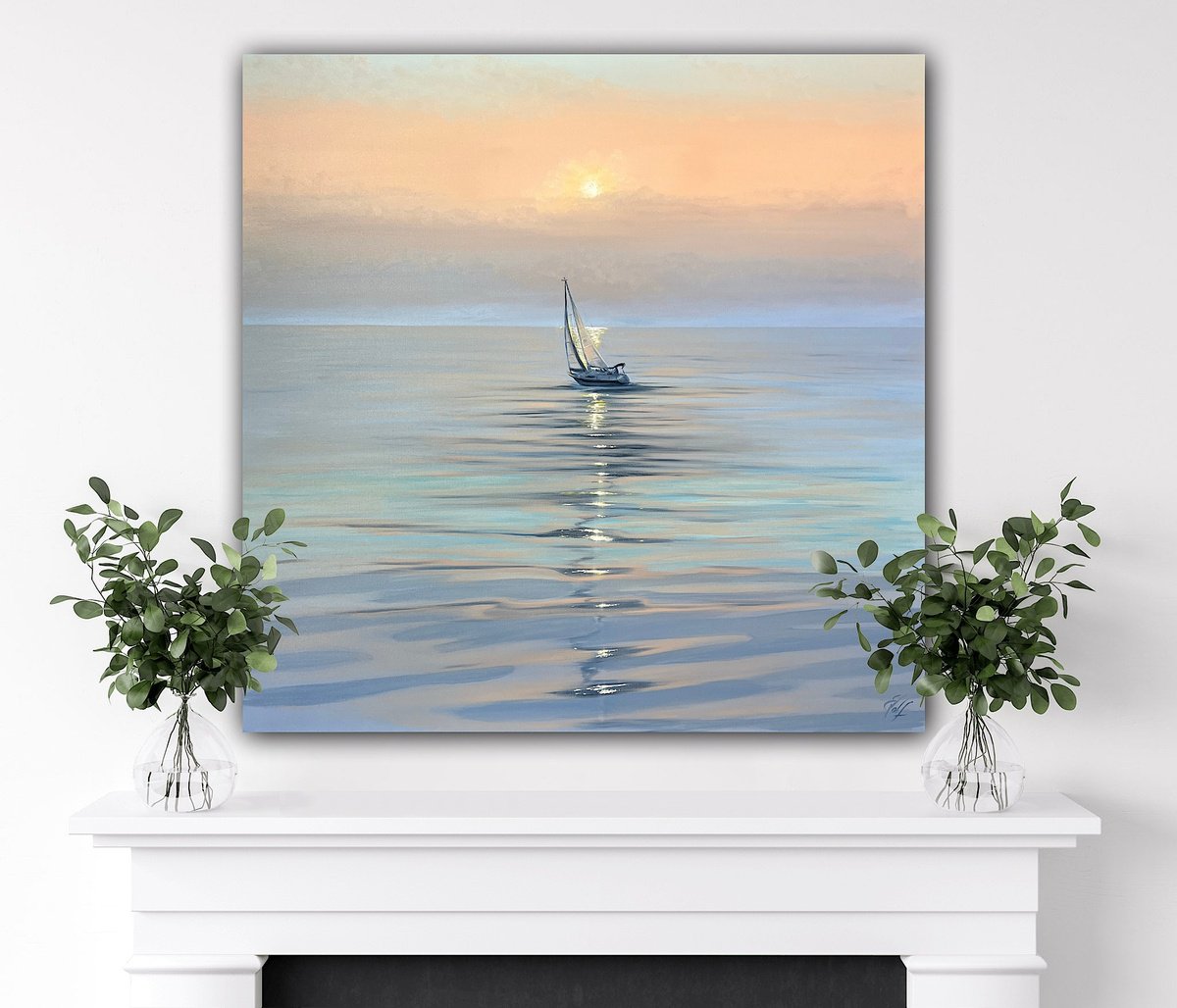 Photorealistic Landscape Oil Painting By Eva Volf, 36 X 36, Sailing Into The Ember Sky, Original Artwork