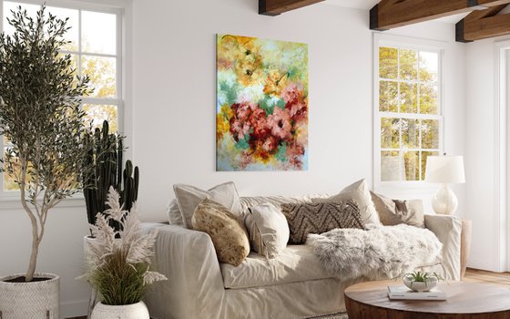 "Enchanted Blooms" from "Colours of Summer" collection, XXL abstract flower painting