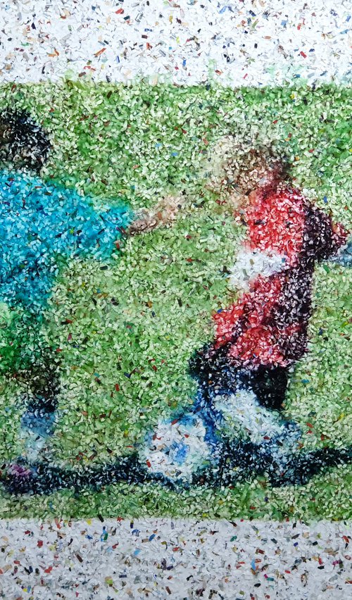 Team 3 - (n.501) - "I love football" series - Acrylic painting on shredded paper on wood by Alessio Mazzarulli