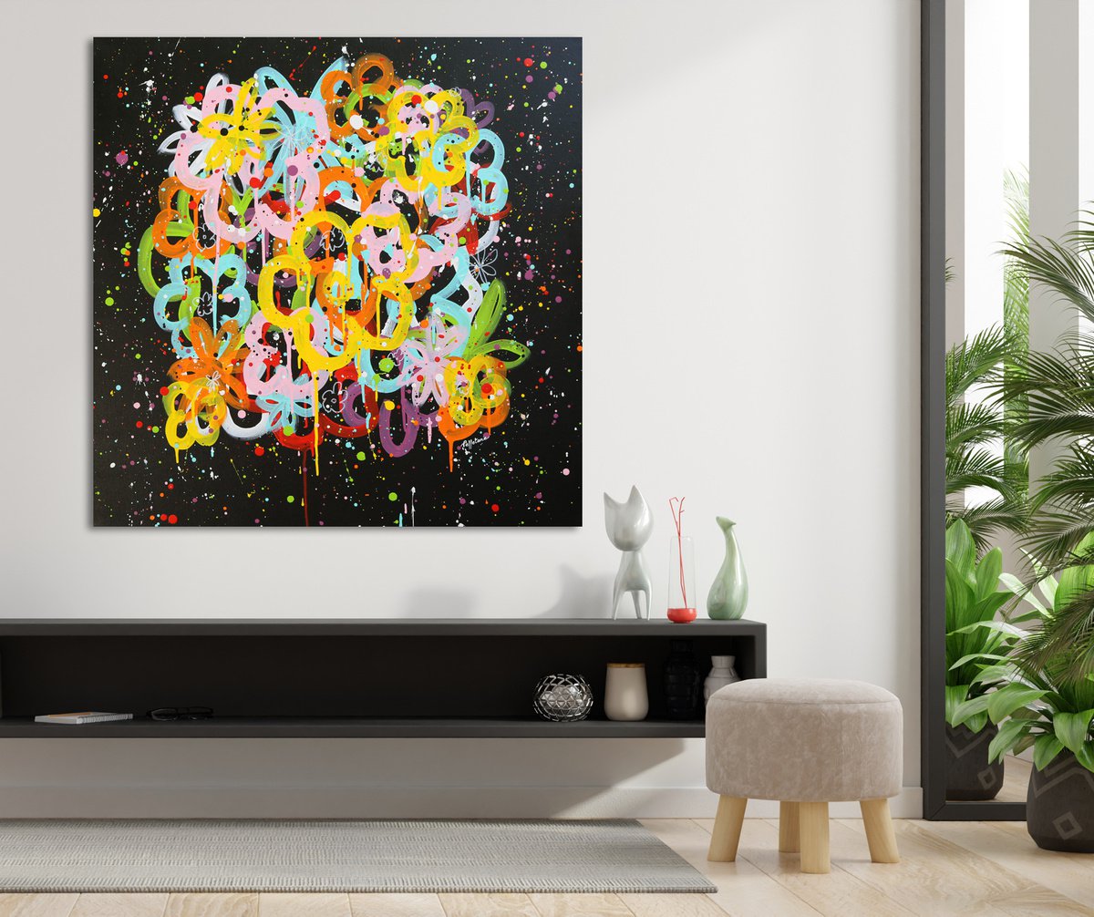 Urban And Pop Acrylic Painting , Flowers Pop Black By Isabelle Pelletane, 31 X 31, Artwork For Sale On Artfinder