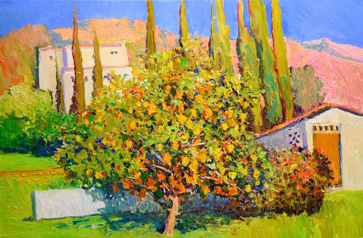 Expressive Landscape Oil Painting By Suren Nersisyan, 36 X 24", Landscape With A Lemon Tree, Original Artwork
