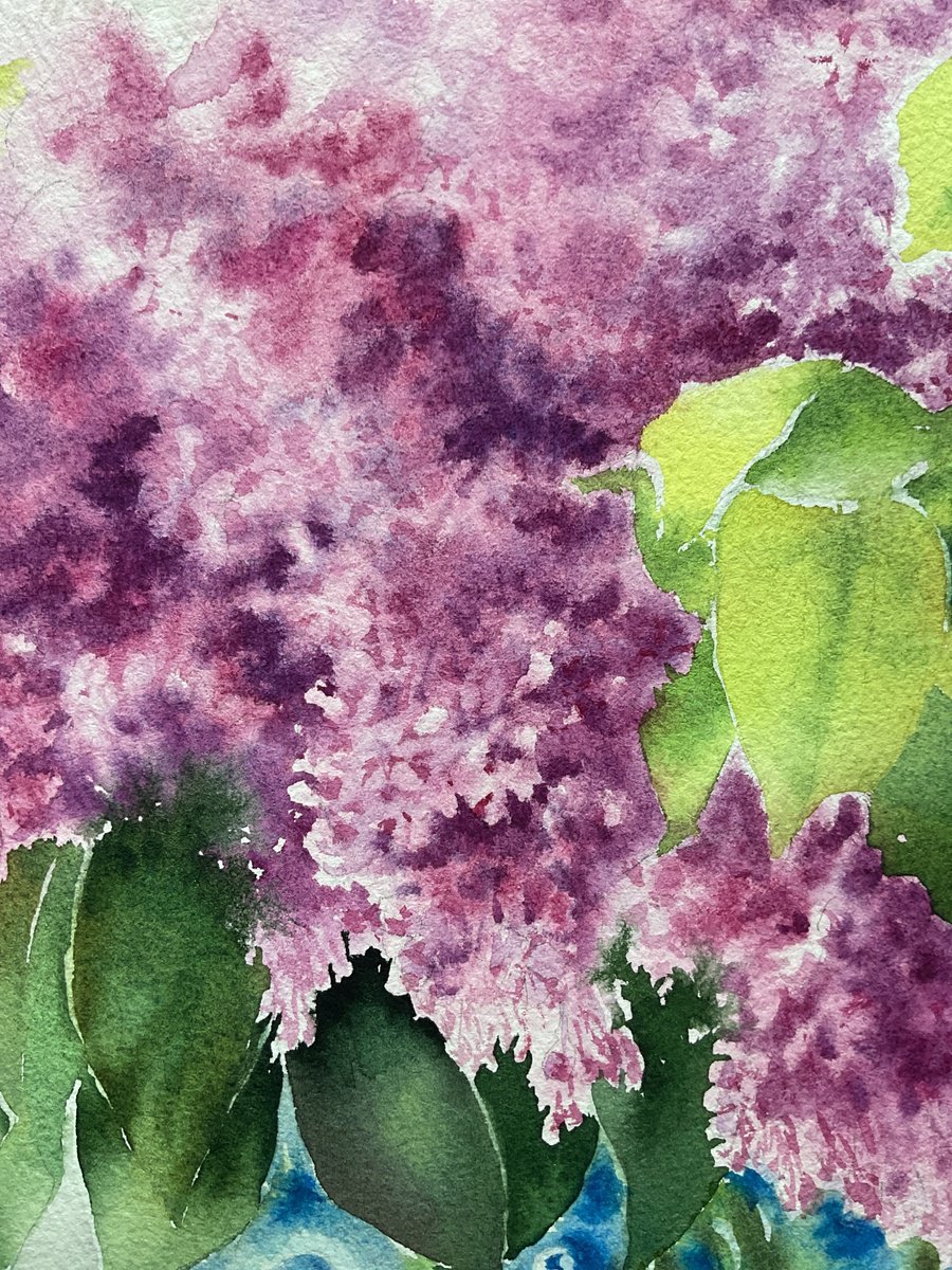 Illustrative Still Life Watercolour By Natalia Butenko, 11 X 15", Lilac In Blue Vase, Original Artwork