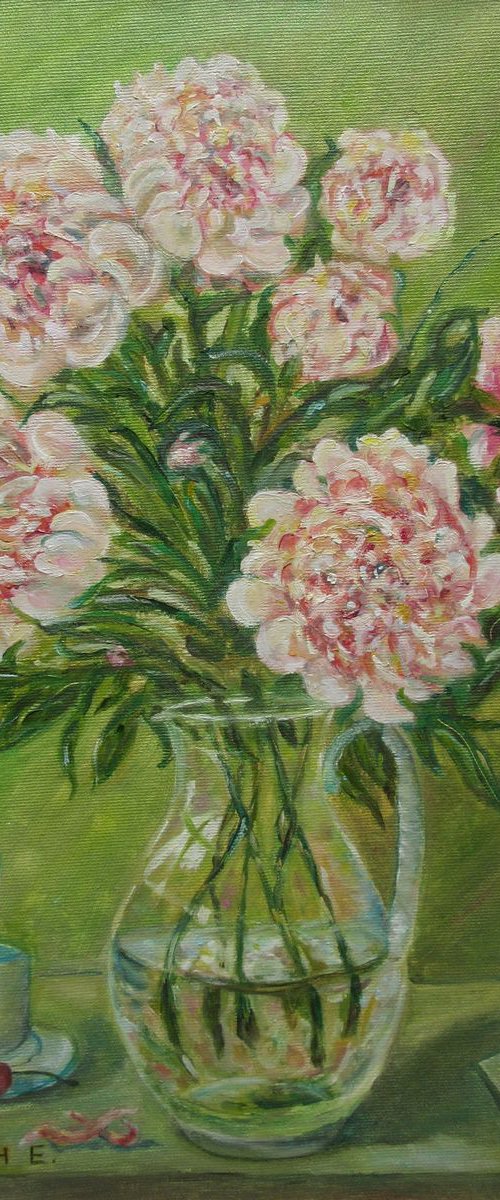 Peonies and Coffee with a Love Message Contemporary Classical Floral Fine Art Work for a Mother or a Girlfriend by Katia Ricci