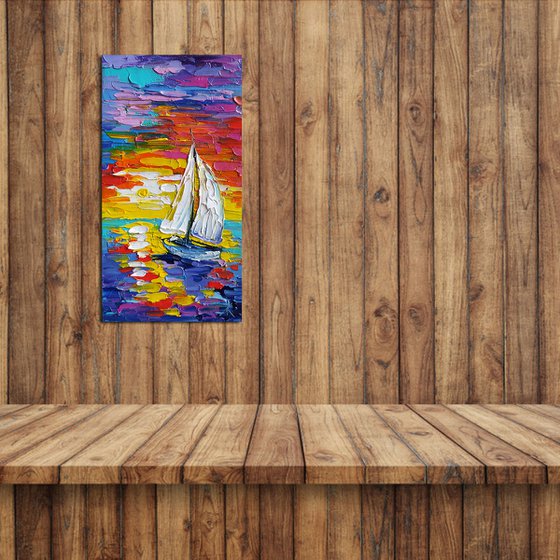 Alone in silence - yacht, sunset, oil painting, seascape,  landscape, yacht original painting, gift, sea with yachts, Impressionism, palette knife