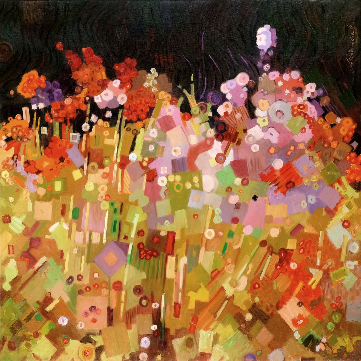 Organic Botanical Oil Painting By Richard Mierniczak, 31 X 31", Pattern, Original Artwork