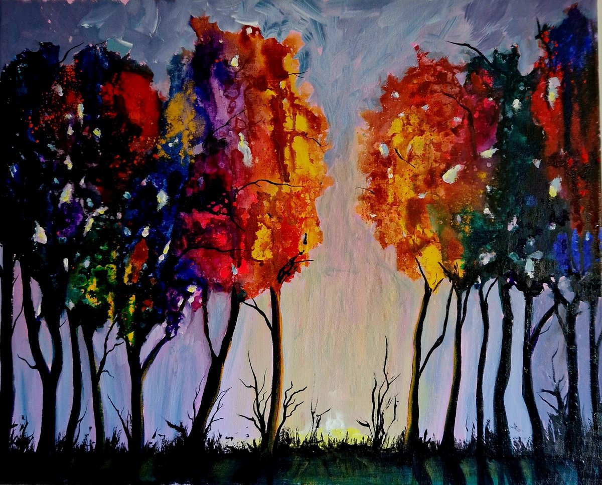 Abstract Landscape Acrylic Painting By Leezee Lee ( Georgiana L. Nicolae), 20 X 16", Whispers Of The Woods Ii, Original Artwork