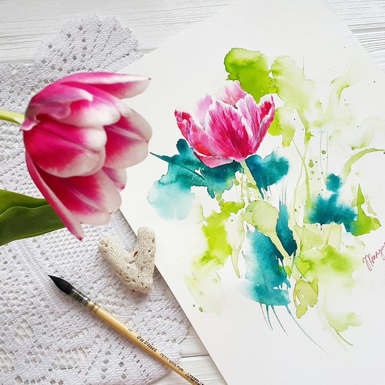 Watercolor. Flowers, tulip