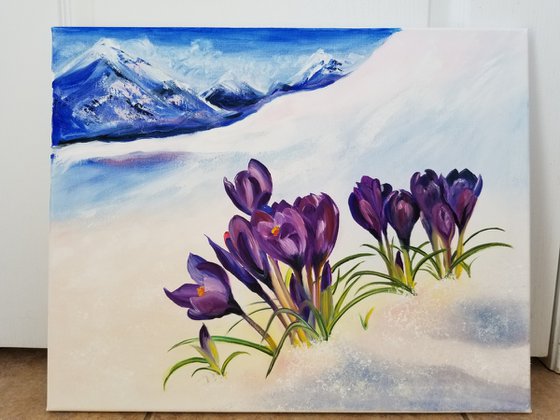 Crocuses in the Alps. Sunny Day in the Alps. Mothers Day Gift. Gift for Mom. Wall Art. Spectacular Oil Painting on Canvas. Home Decor.