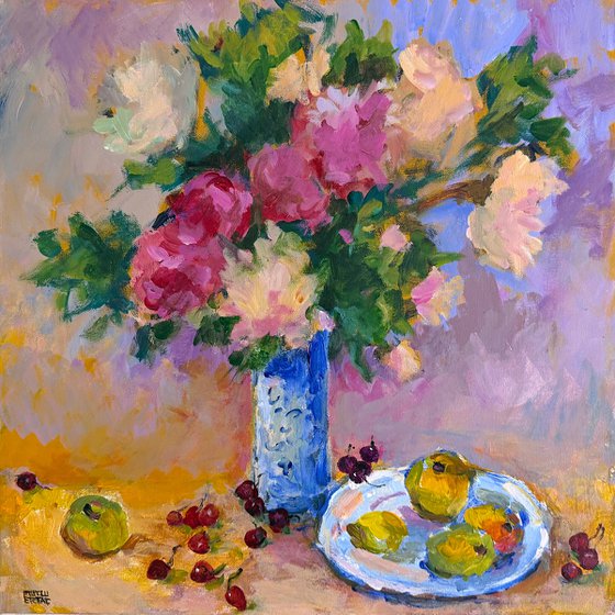Flowers and Fruits on Table.