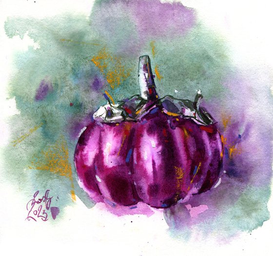 "Eggplant. Harvest Time" - Textured abstract botanical mixed media artwork in bright purple colors