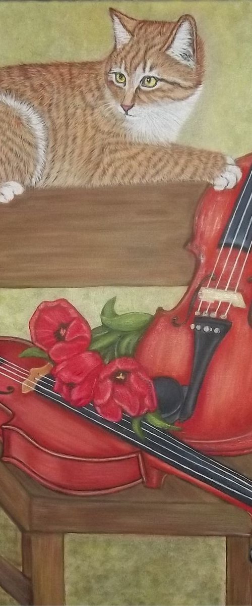 Cat and two violins by Sofya Mikeworth
