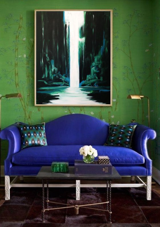 Green waterfall- large size- original painting- 100 x 81 cm (39' x 32') Ready to hang