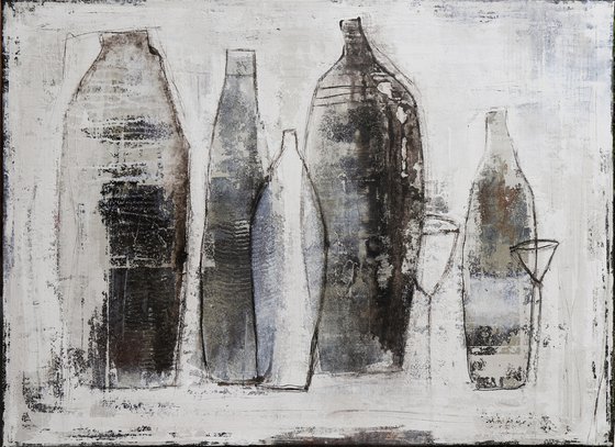 BOTTLES - 110 X 80 CMS - ABSTRACT ACRYLIC PAINTING TEXTURED * WINE * GLASS