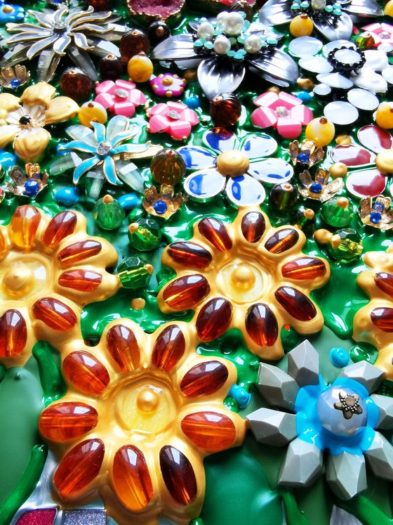 Metal flowers in vase. Floral still life. Amber & mosaic metal wall sculpture