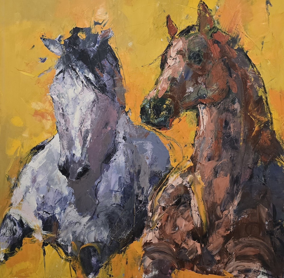 Abstract Animal Oil Painting By Carlos Delgado, 63 X 63, Horses And Sweat, Original Artwork
