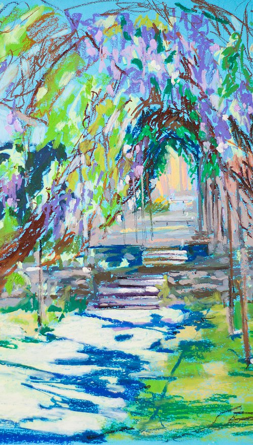 Wisteria tunnel. Sunny urban natural impressionistic landscape. Medium size oil pastel impressionistic interior painting travel decor Spain Madrid by Sasha Romm