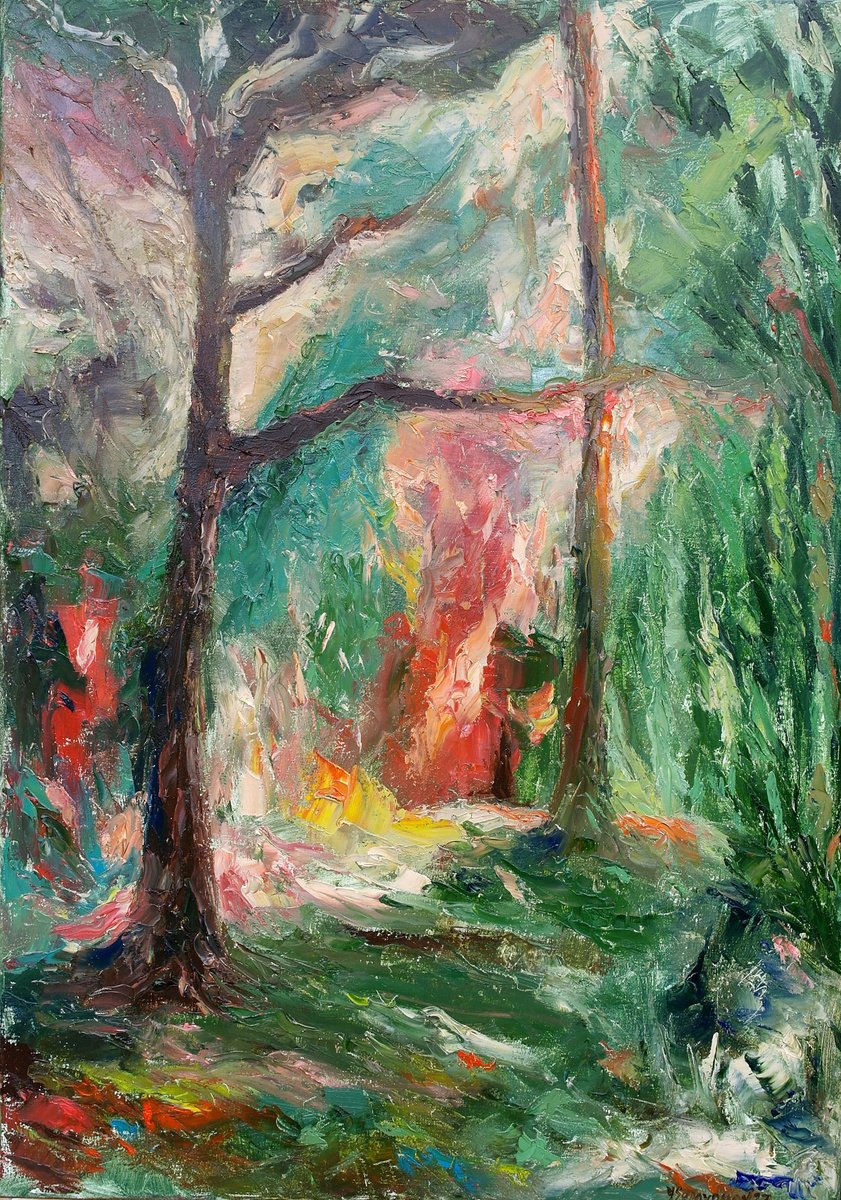 Expressive Abstract Oil Painting By Juri Semjonov, 20 X 28", Old Forest 3, Original Artwork