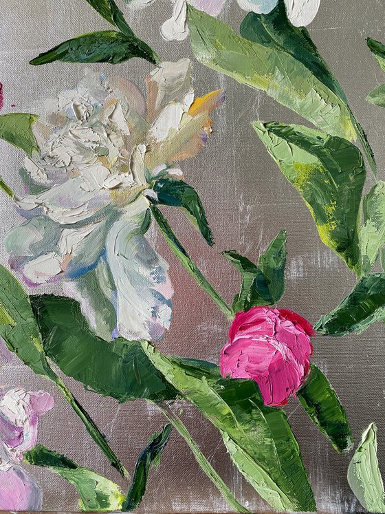 Oil painting Delicate White and Pink peonies