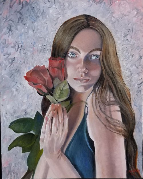 Young Women Caressing Roses by John Shelton