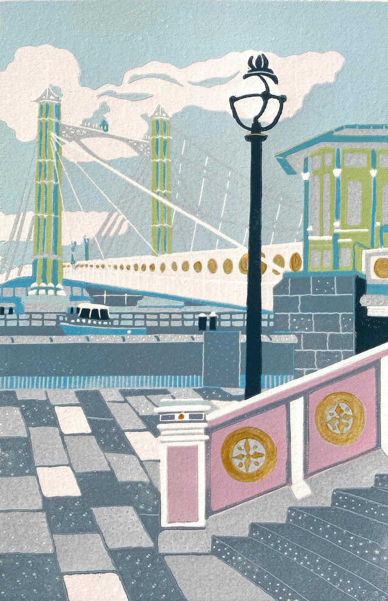 Illustrative Cityscapes Linocut By Nathalie Pymm Art, 8 X 12", Albert Bridge, Original Artwork