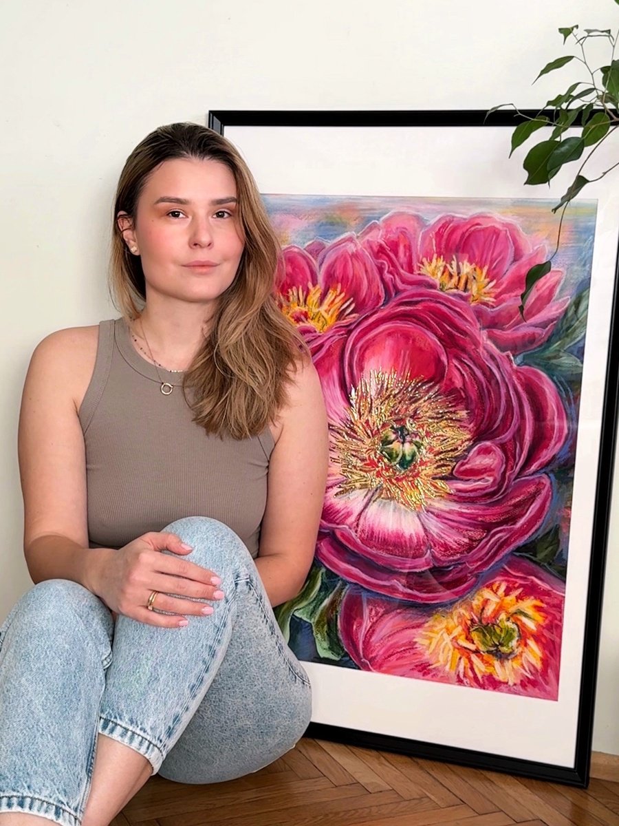 Expressive Botanical Painting By Julia Gorislavska, 24 X 36", Crimson Peony, Original Artwork