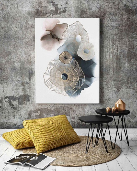 "Golden Molecules" Abstract navy gold art