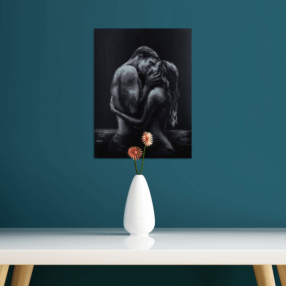 Man and Woman Kissing Couple in Love Black and Silver Minimalistic Art