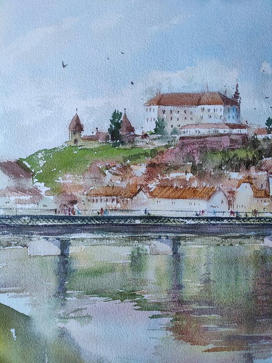 Ptuj castle, Slovenia city original watercolor hand-painted, Drava river lake bridge, Mediterranean Europe Impressionistic, Old town artwork