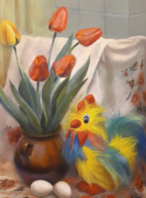 Still Life with Rooster and Tulips