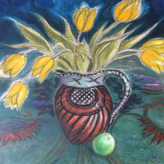 Seven yellow tulips on a Liberty tablecloth