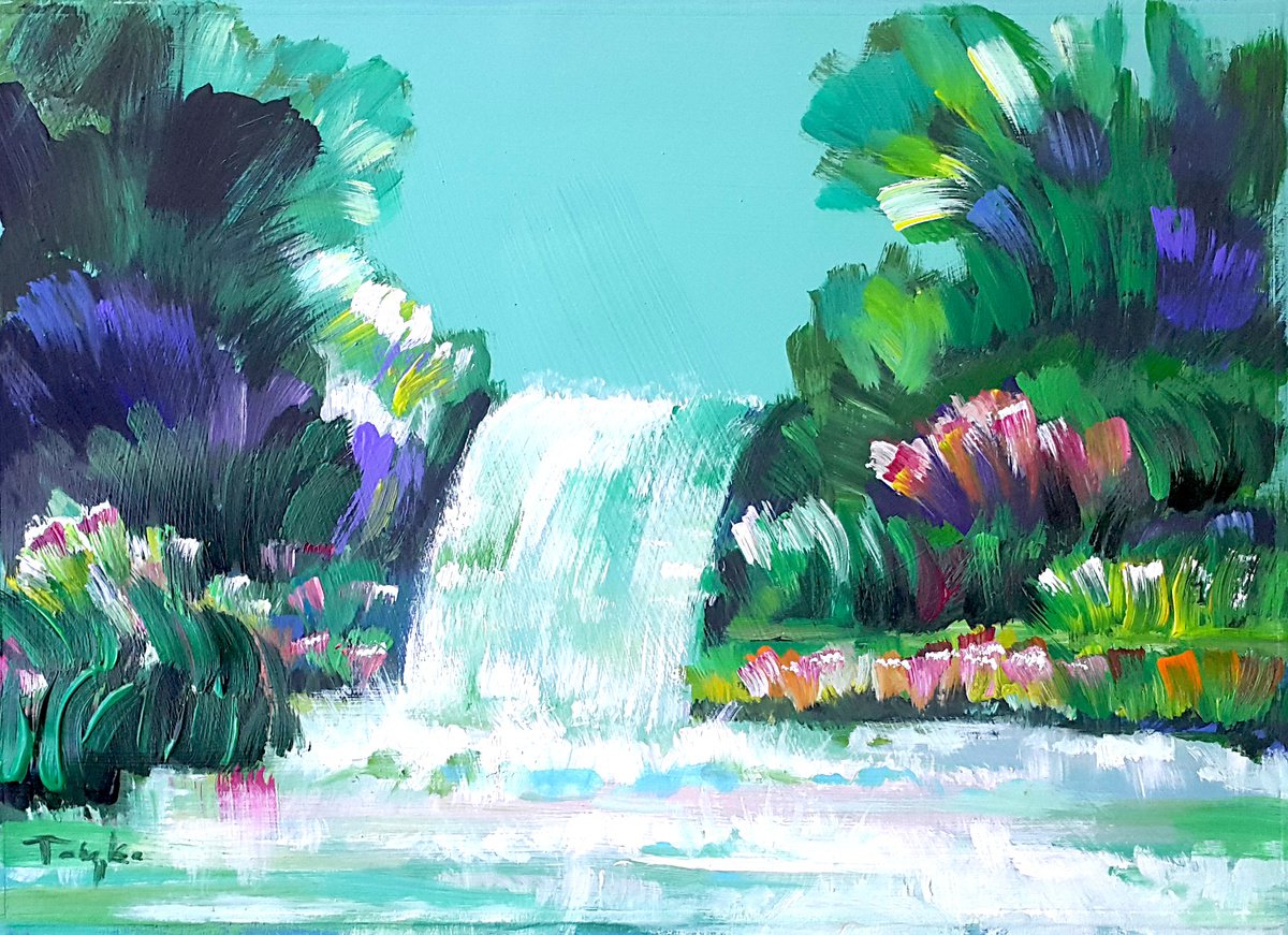 Impressionistic Landscape Acrylic Painting By Trayko Popov, 17 X 12", Waterfall-4 | Wonderful Summer, Original Artwork