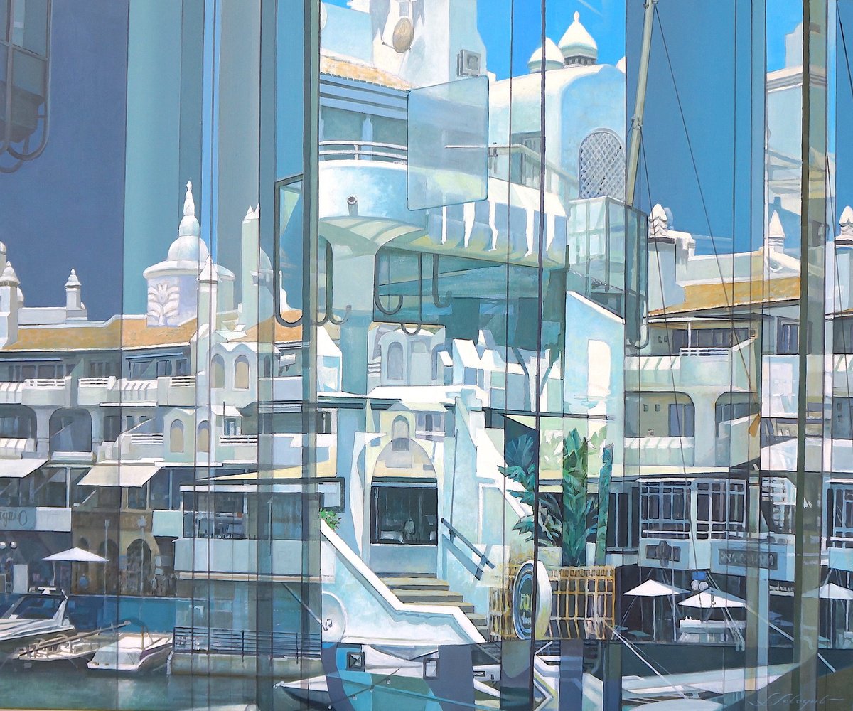 Photorealistic Cityscapes Oil Painting By Sergej Sologub, 47 X 39", Glasport, Original Artwork