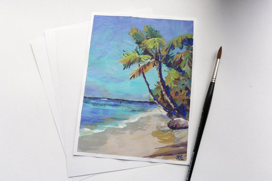 Palm beach, Blue sea and shore, small gouache art
