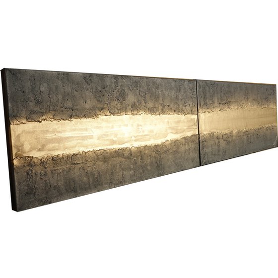 gold stripe & steel long painting A719 50x200x2 cm decor Vertical original abstract art Large paintings stretched canvas acrylic art industrial metallic textured wall art