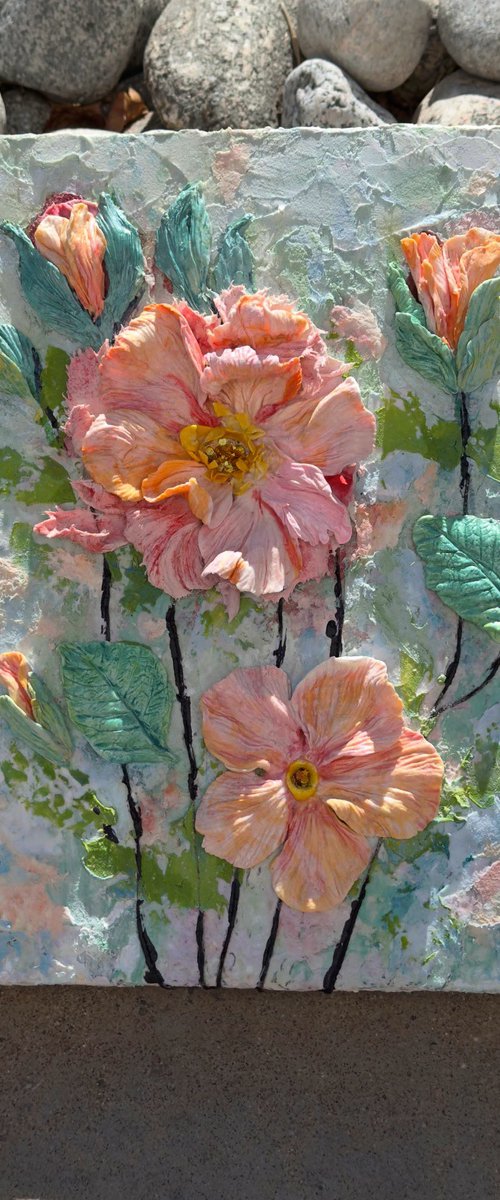 Peach Bloom Sculptural Floral Relief Art by Lena Owens at OLena Art